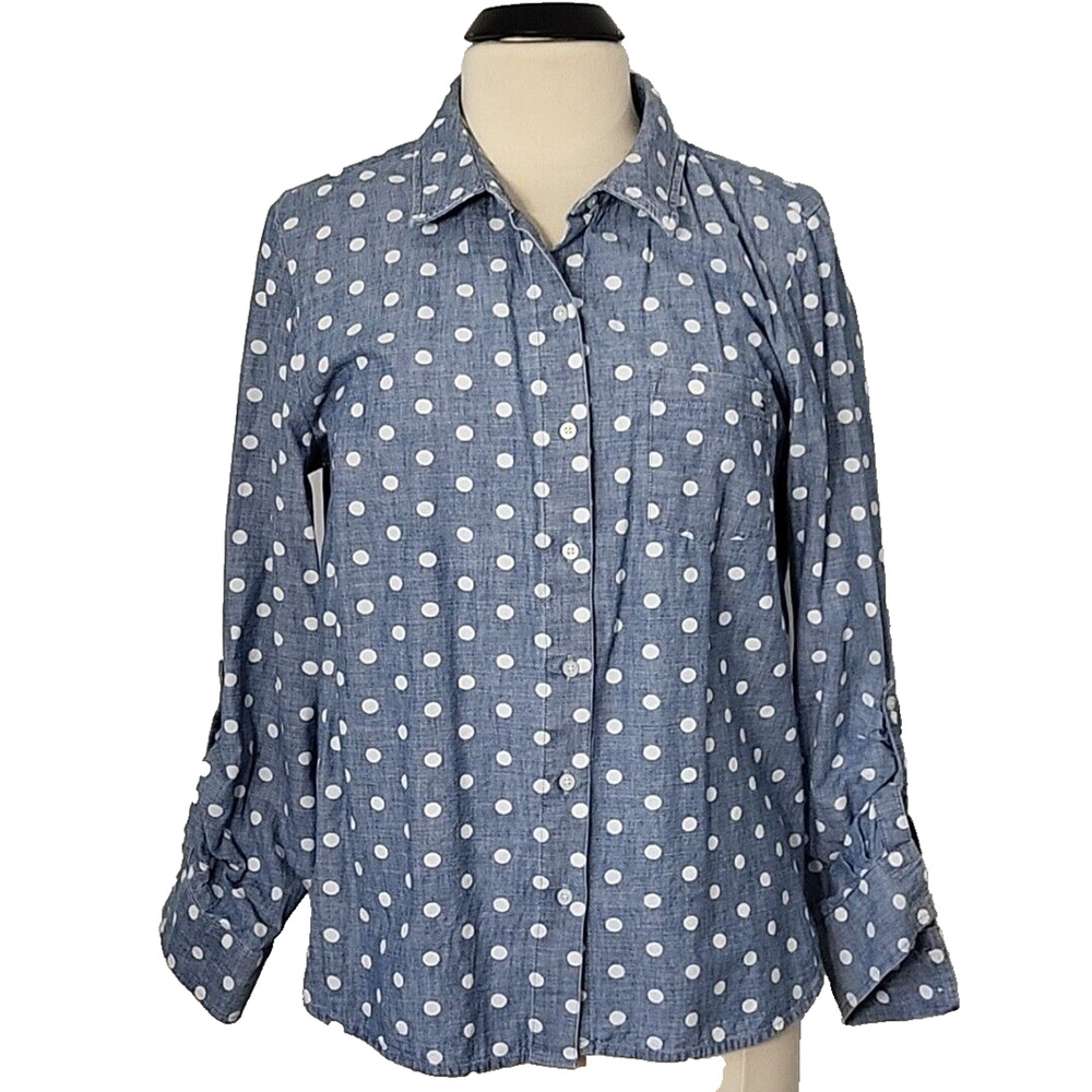 TOMMY HILFIGER Women's Button Front Shirt Polka Dot, Blue/White size M